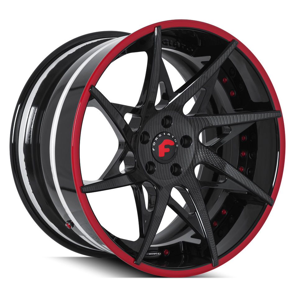 Forgiato Turni-ECL Carbon Fiber and Black Center with Gloss Black and Red Lip Finish Wheels