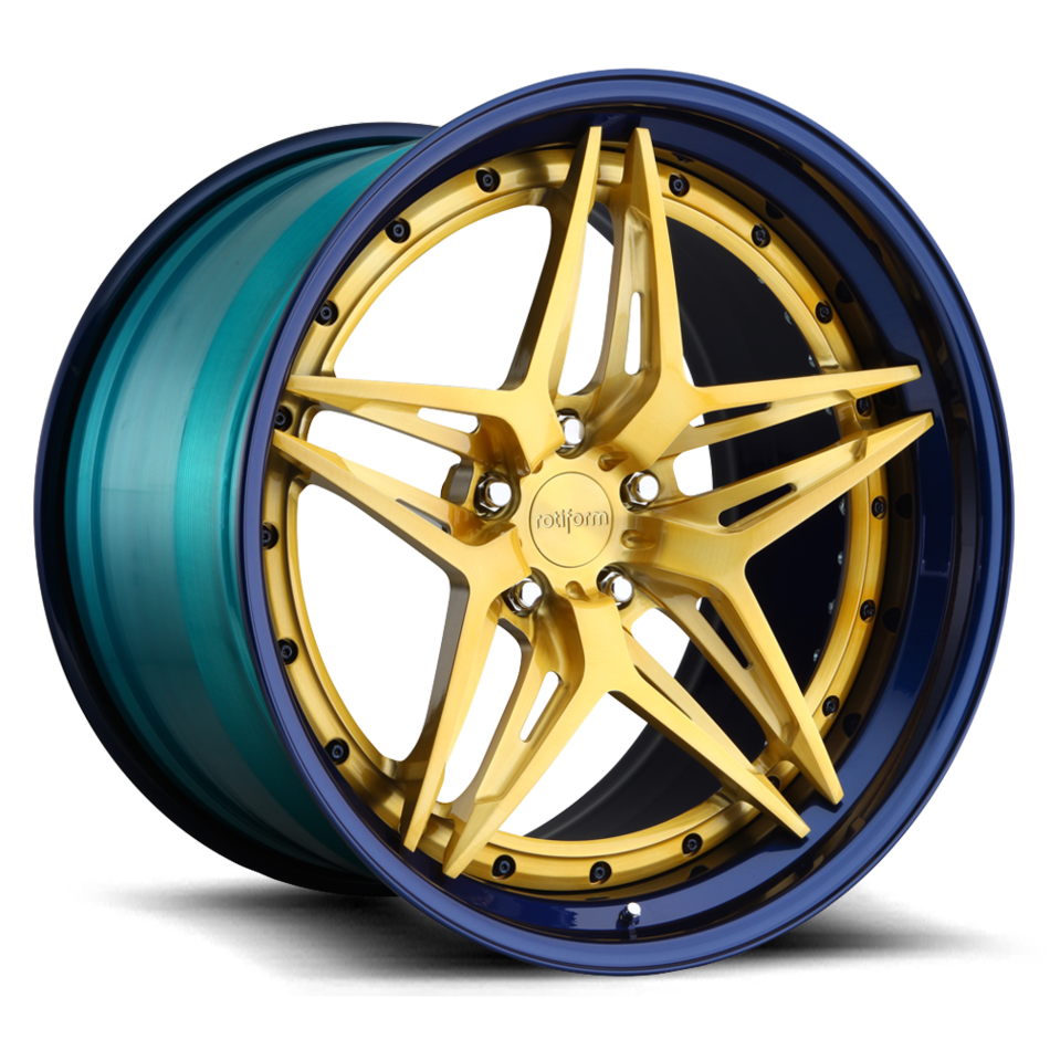 Rotiform VDA Forged Custom Brushed Candy Gold Face with Nissan Ray Blue Lip Finish Wheels