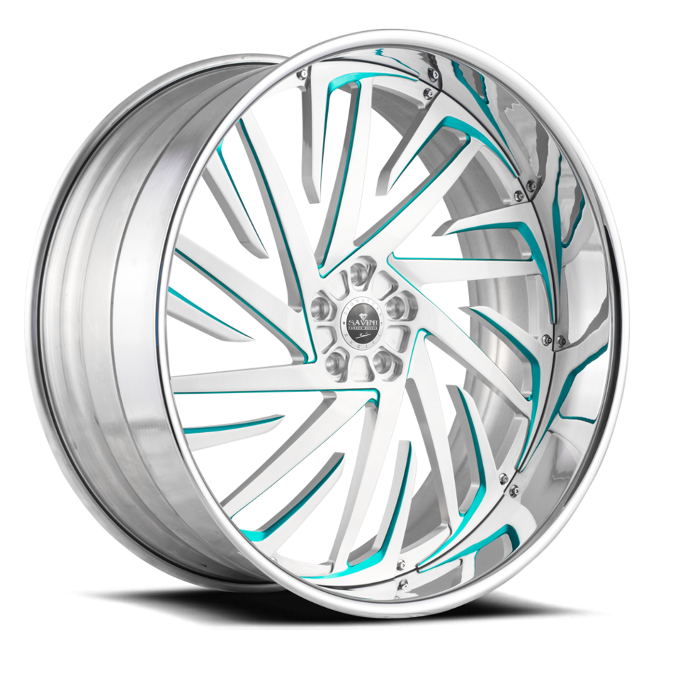 Savini Diamond Lusso Wheels Custom Brushed and Teal Accents with Polished Lip Finish