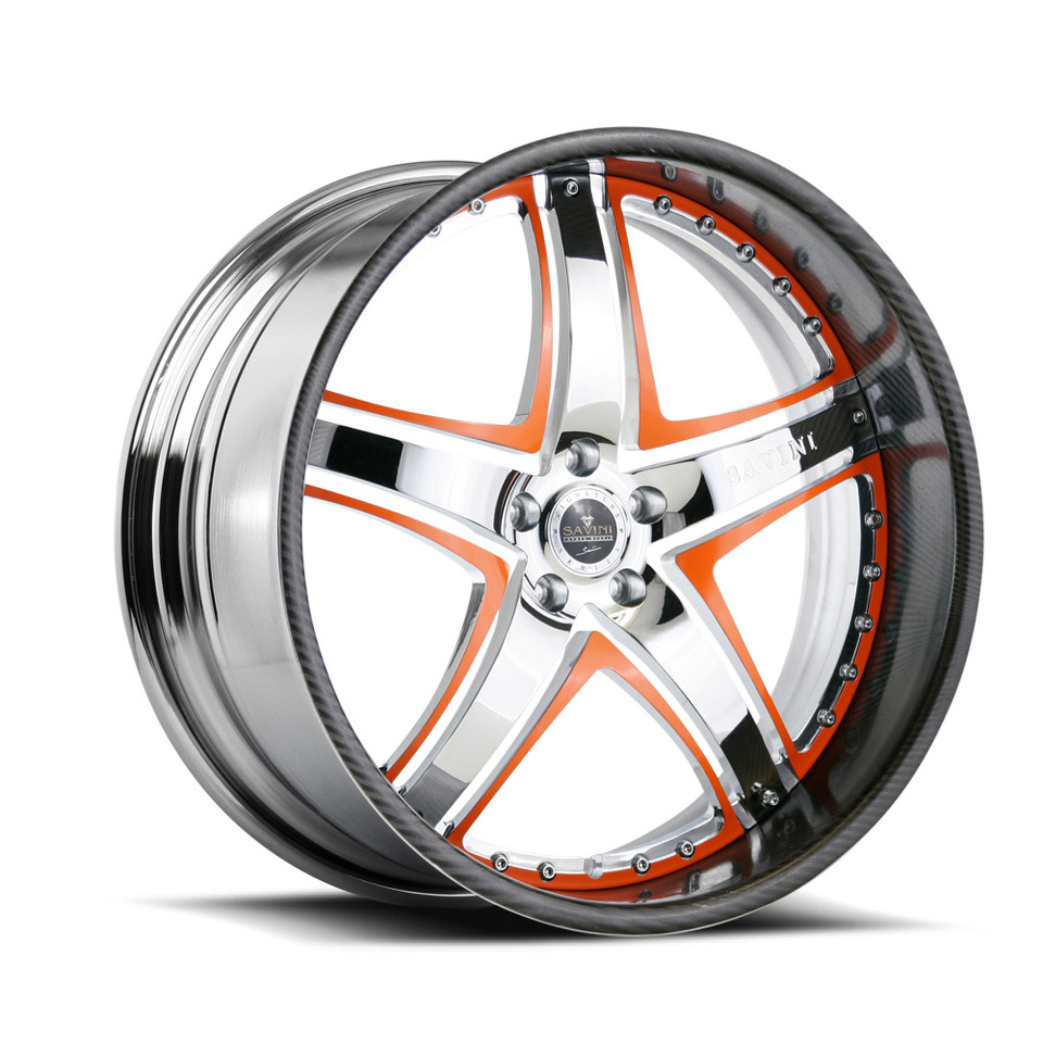 Savini Forged SV8 Chrome and Orange with Carbon Fiber Lip Signature Wheels