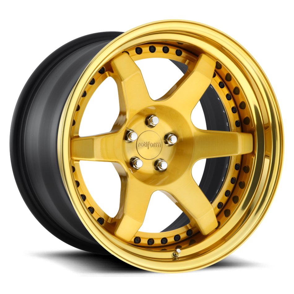 Rotiform SIX Forged Custom Brushed Gold Face with Hi Luster Gold Lip Finish Wheels