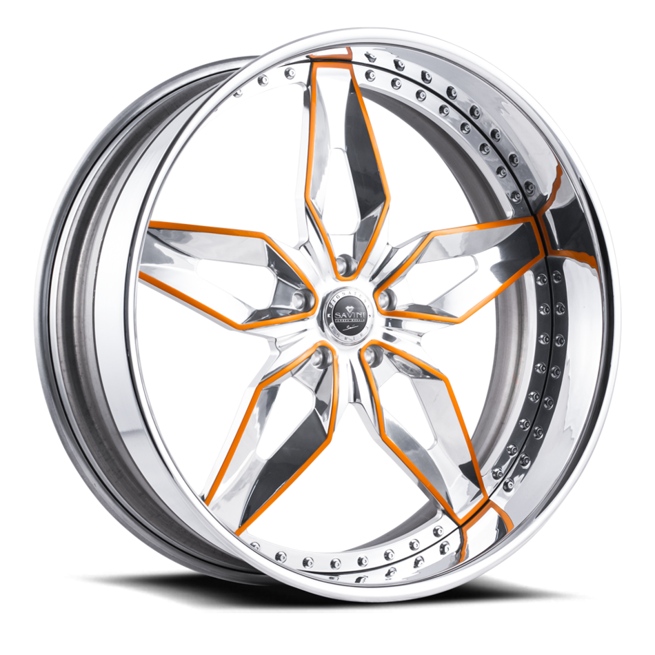 Savini Diamond Lucca Wheels Custom Brushed High Polish and Orange Accents with Polished Lip Finish