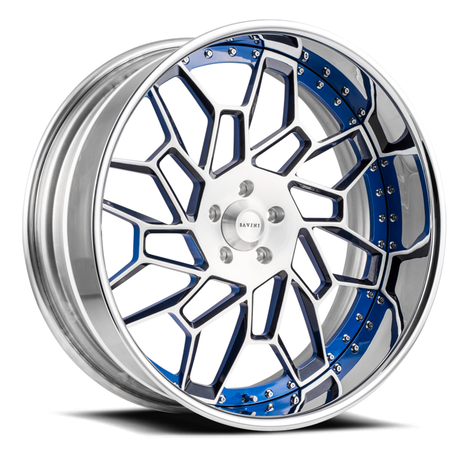 Savini Diamond Treviso Wheels Custom Brushed and Blue Accents with Polished Lip Finish